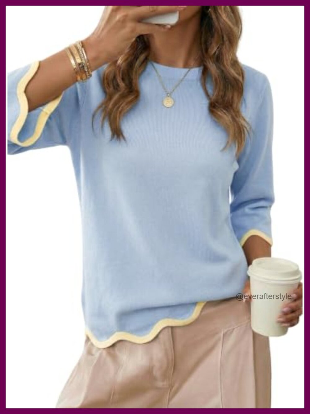 Wool Blend Sweater 3/4 Sleeve Crewneck Pullover Knit Top